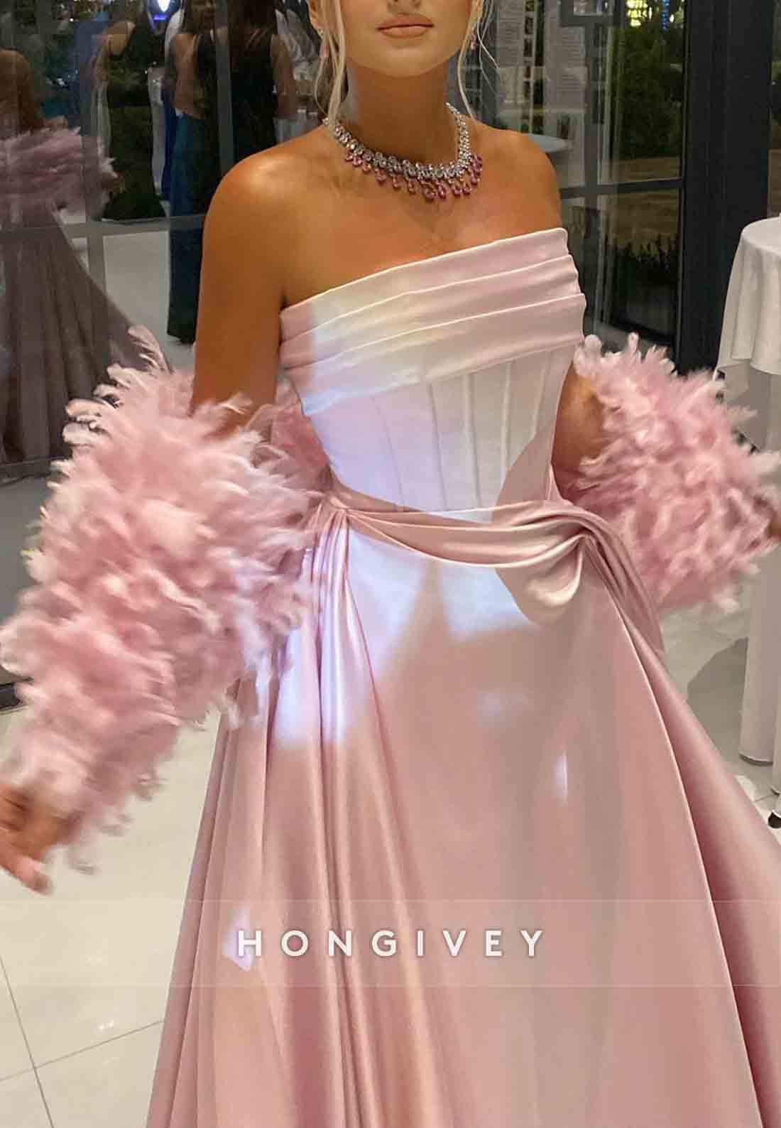 Pink Strapless Sweep Train Satin Evening Gowns with Feather Cape