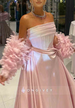 Pink Strapless Sweep Train Satin Evening Gowns with Feather Cape