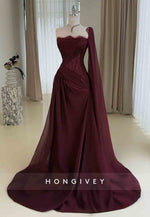 One Shoulder Pleated Side Draping Lace Evening Gowns with Flowers