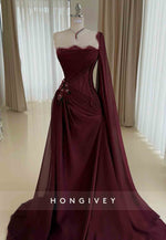 One Shoulder Pleated Side Draping Lace Evening Gowns with Flowers