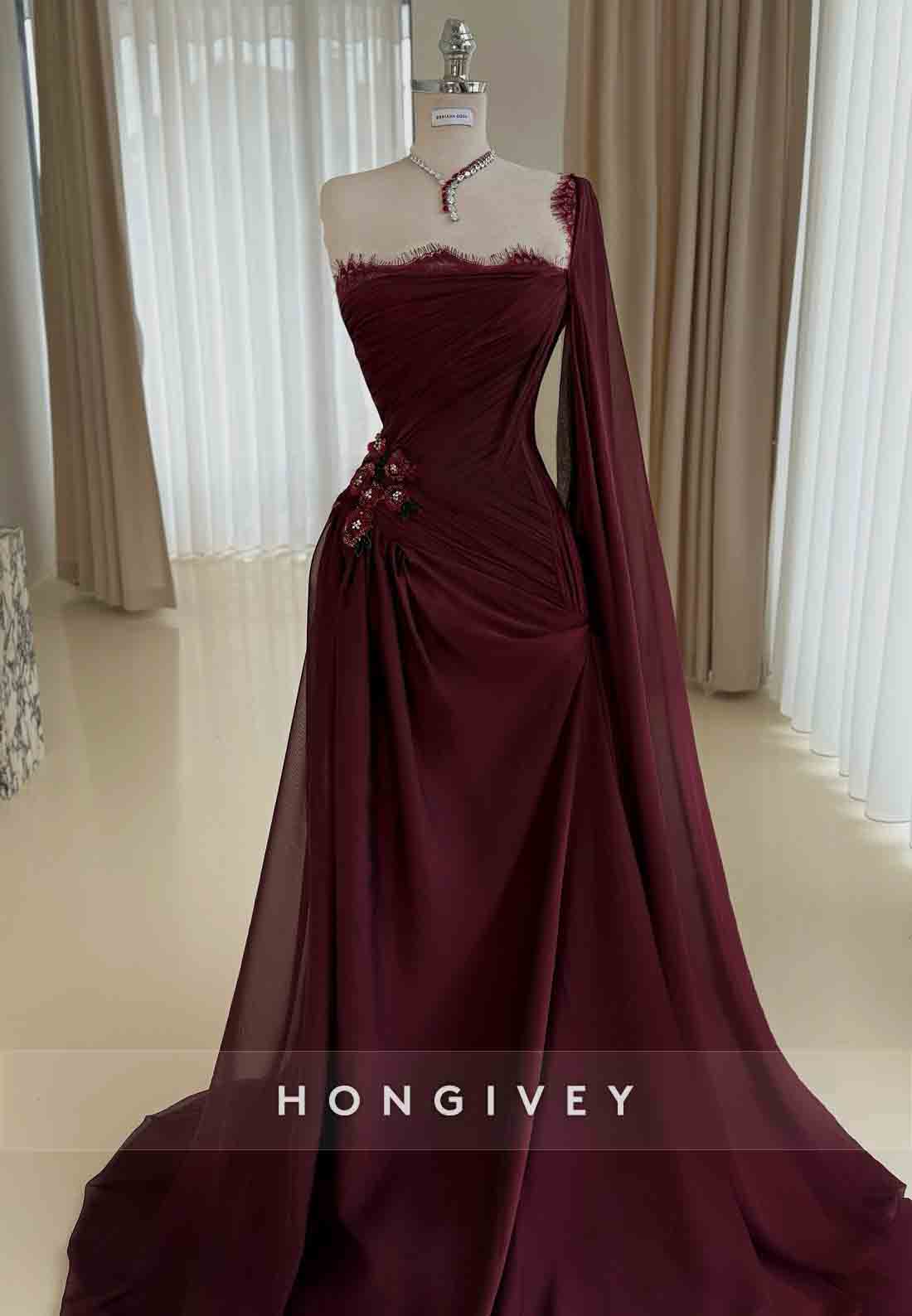 One Shoulder Pleated Side Draping Lace Evening Gowns with Flowers