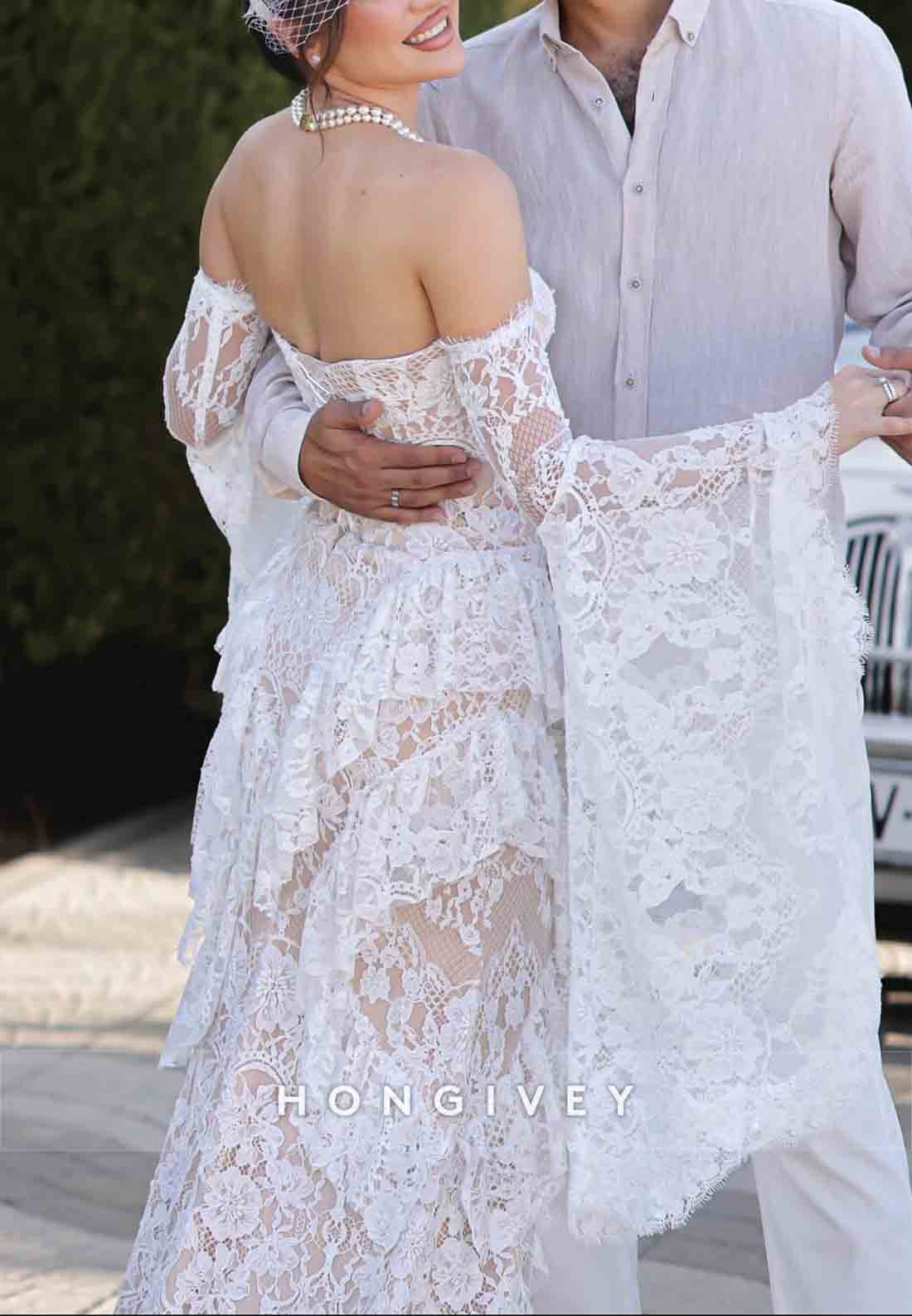 Strapless Lace Ruched Boho Mermaid Wedding Dresses with Slit