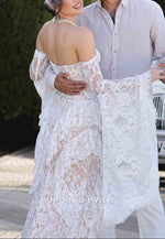 Strapless Lace Ruched Boho Mermaid Wedding Dresses with Slit