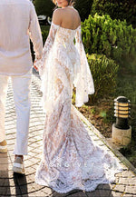 Strapless Lace Ruched Boho Mermaid Wedding Dresses with Slit