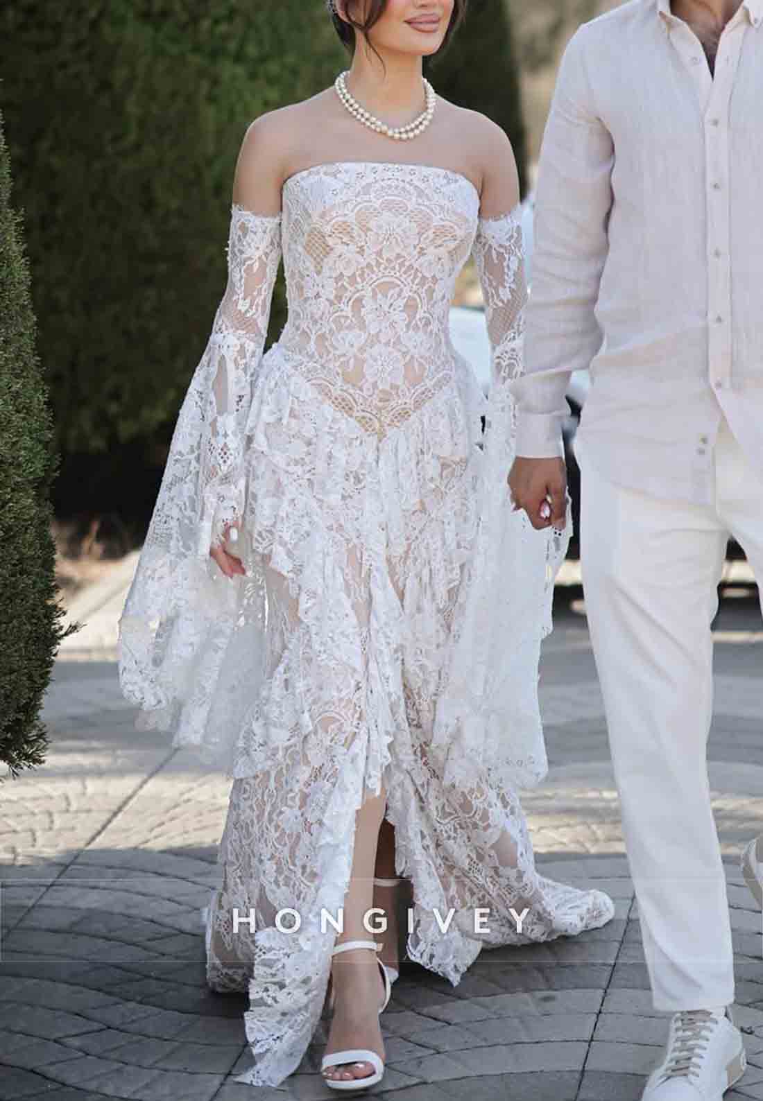 Strapless Lace Ruched Boho Mermaid Wedding Dresses with Slit