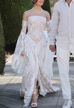 Strapless Lace Ruched Boho Mermaid Wedding Dresses with Slit