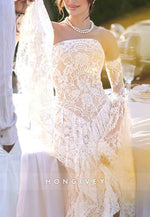 Strapless Lace Ruched Boho Mermaid Wedding Dresses with Slit