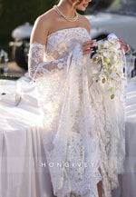 Strapless Lace Ruched Boho Mermaid Wedding Dresses with Slit