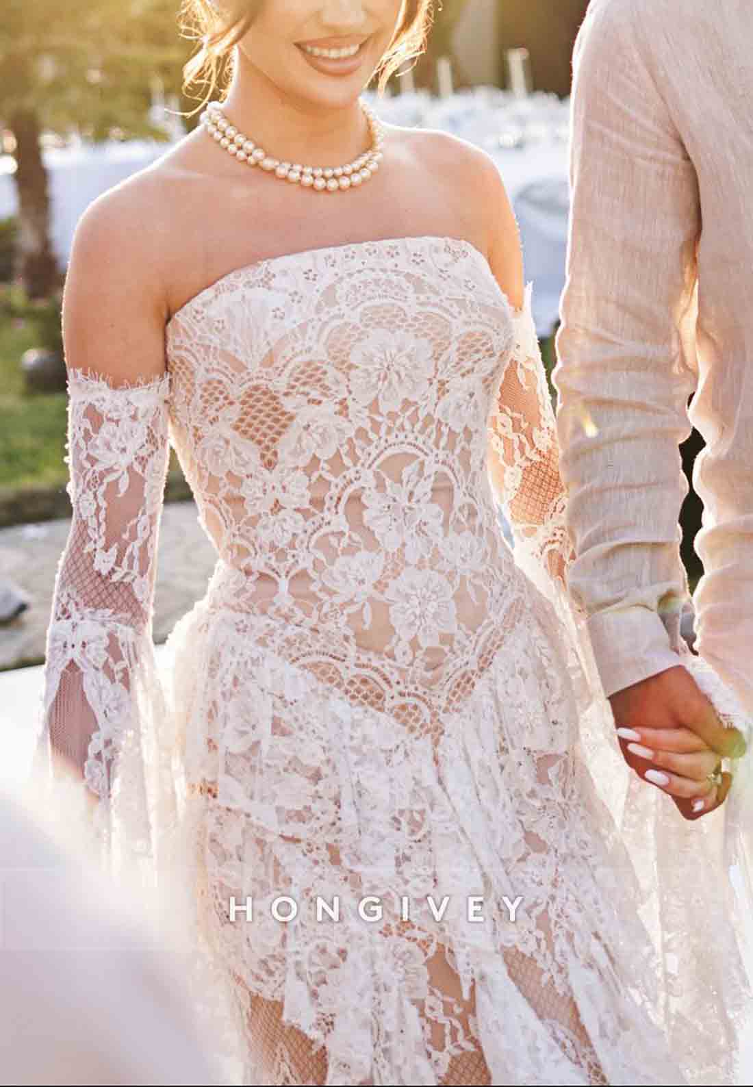 Strapless Lace Ruched Boho Mermaid Wedding Dresses with Slit