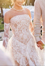Strapless Lace Ruched Boho Mermaid Wedding Dresses with Slit