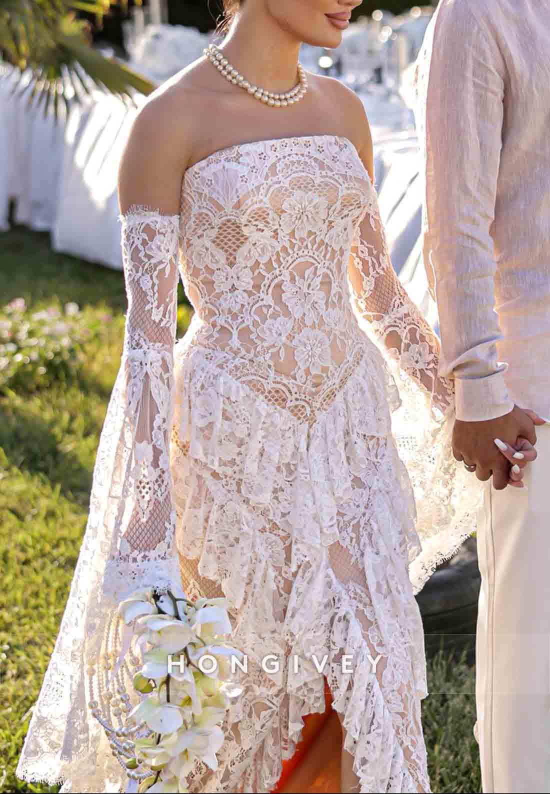 Strapless Lace Ruched Boho Mermaid Wedding Dresses with Slit