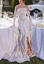 Strapless Lace Ruched Boho Mermaid Wedding Dresses with Slit