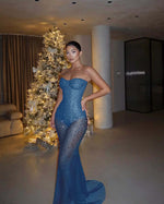 Red Tulle Strapless Sleeveless Long Mermaid Prom Dress With Sequins And Corset