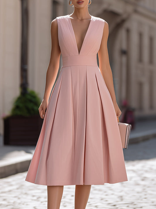 Blush Pink Sleeveless Deep V-Neck Pleated Fit-and-Flare Midi Dress