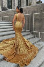 Modern Gold Sleeveless Sequins Mermaid Prom Dress Long With Crystals On Sale