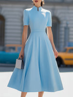 Sky Blue High Neck Short Sleeve Pleated Fit-and-Flare Midi Dress