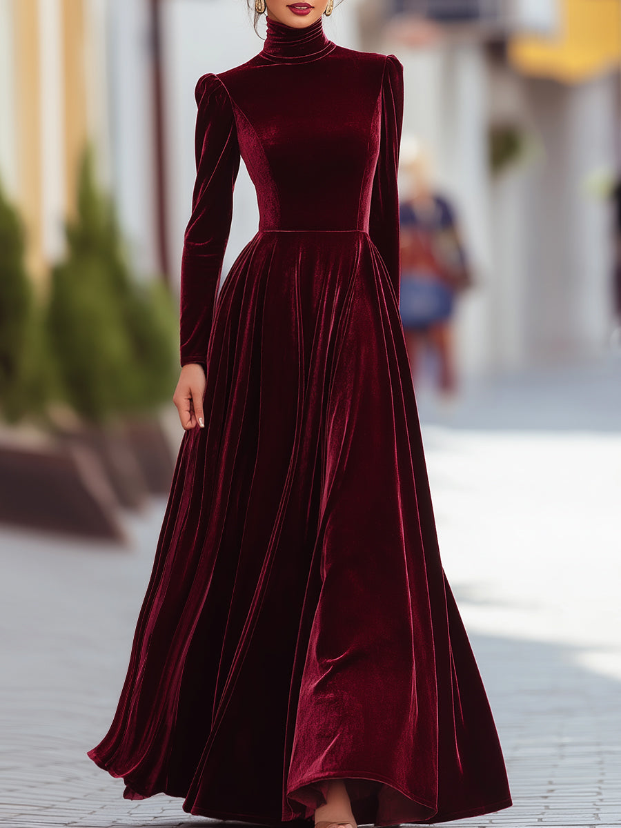 Burgundy Velvet Long-Sleeve Evening Dress