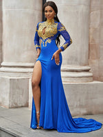 Royal Blue High Neck Mermaid Long Sleeves Split Prom Dress With Appliques