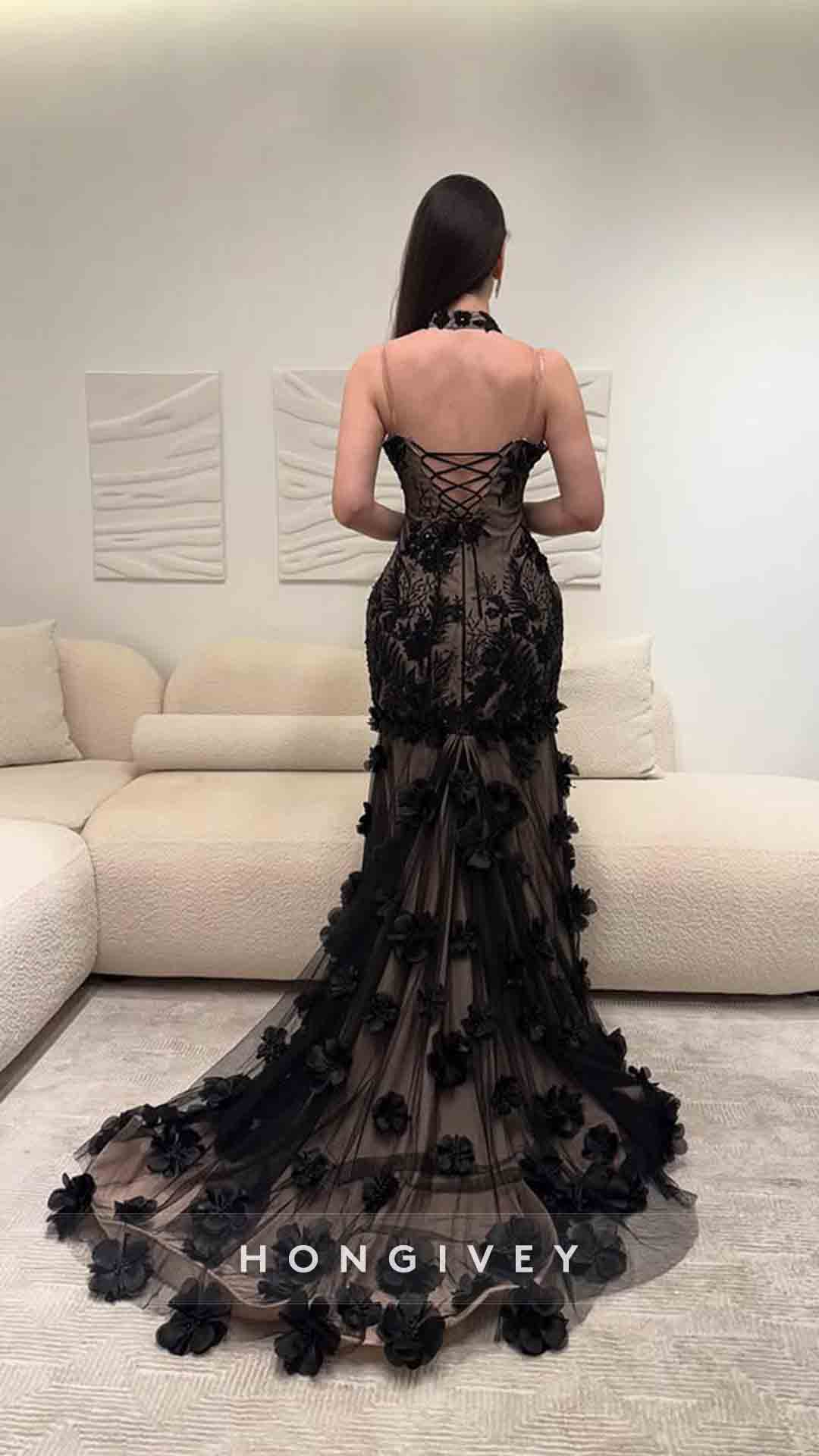 Halter Mermaid Sleeveless Flowers Prom Dress