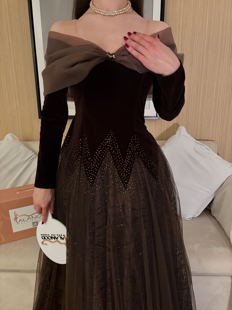 Tulle Off the Shoulder Long Sleeve Beaded A-Line Floor-Llength Evening Dress