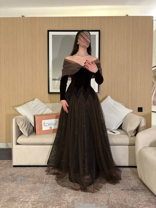 Tulle Off the Shoulder Long Sleeve Beaded A-Line Floor-Llength Evening Dress