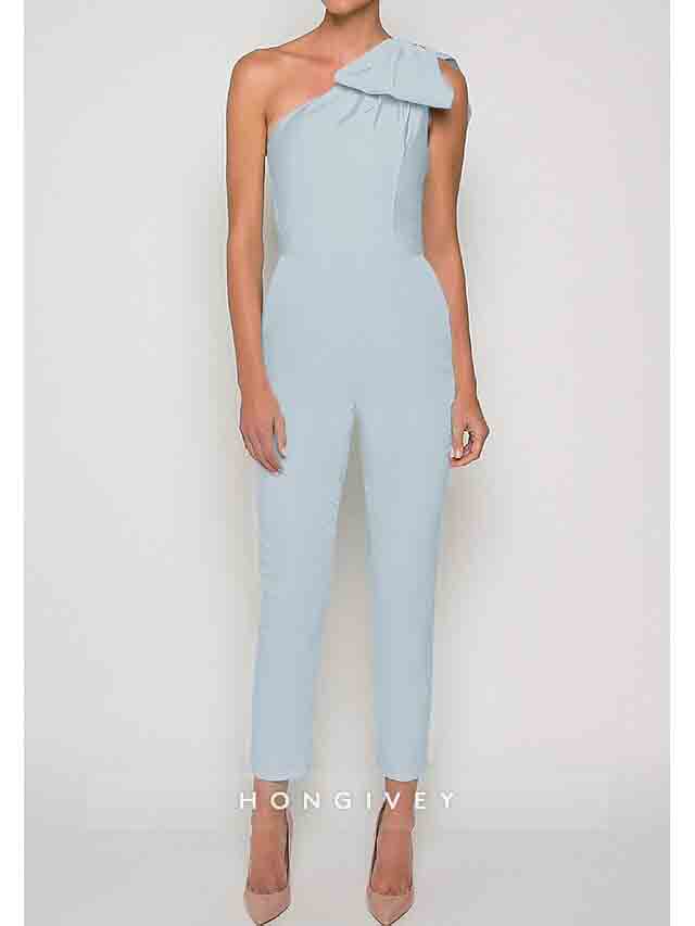 One Shoulder Bow Jumpsuit Detachable Evening Dress