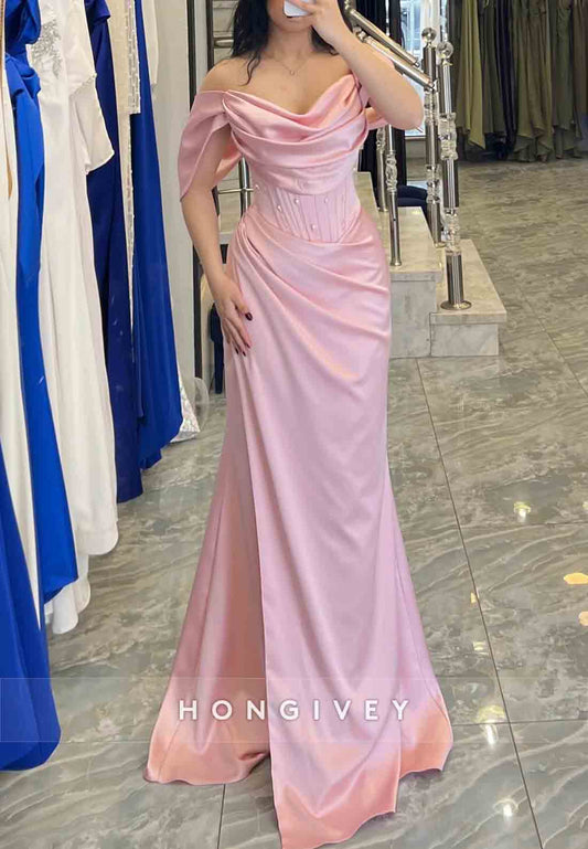 Off the Shoulder Side Slit Satin Ruched Trumpet Floor-Length Evening Gowns