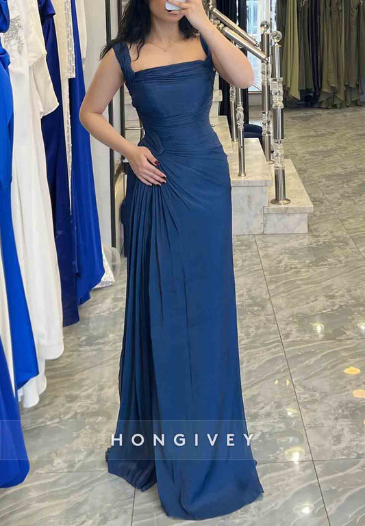 Cap Straps High Slit Navy Blue Square Neck Pleated Floor-Length Evening Gowns