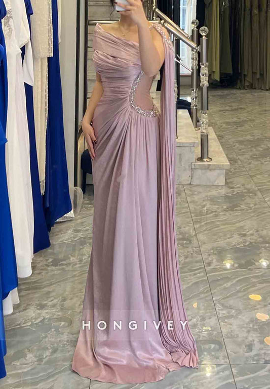Side Draping Column Pleated Floor-Length Cap Sleeves Evening Gowns