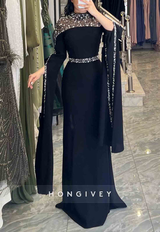 High Neck Beading Floor-Length Formal Dresses Pleated Column Evening Gown