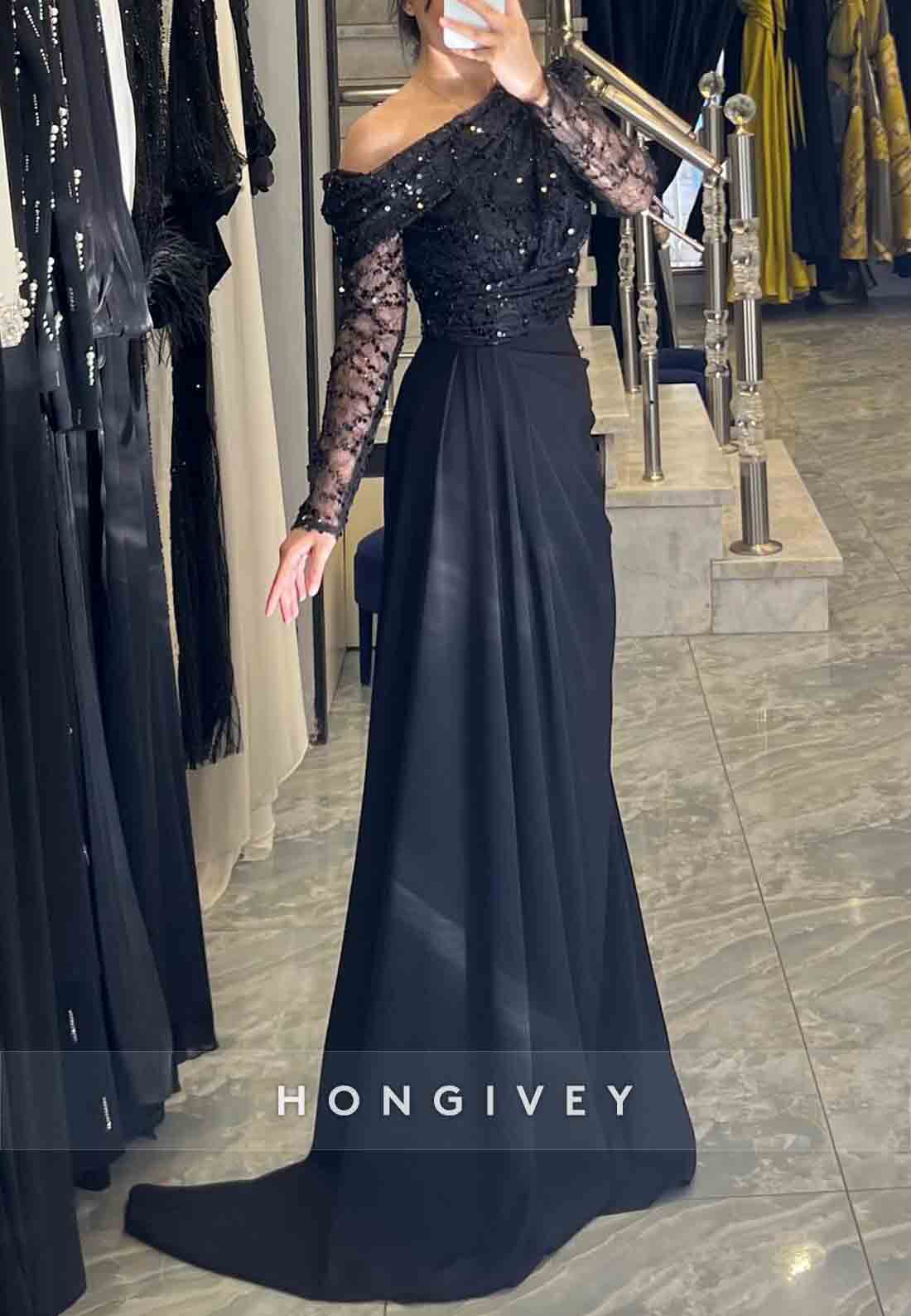 Black A-Line Floor-Length One Shoulder Long Sleeves Side Draping Evening Gowns