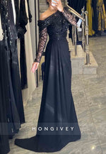 Black A-Line Floor-Length One Shoulder Long Sleeves Side Draping Evening Gowns