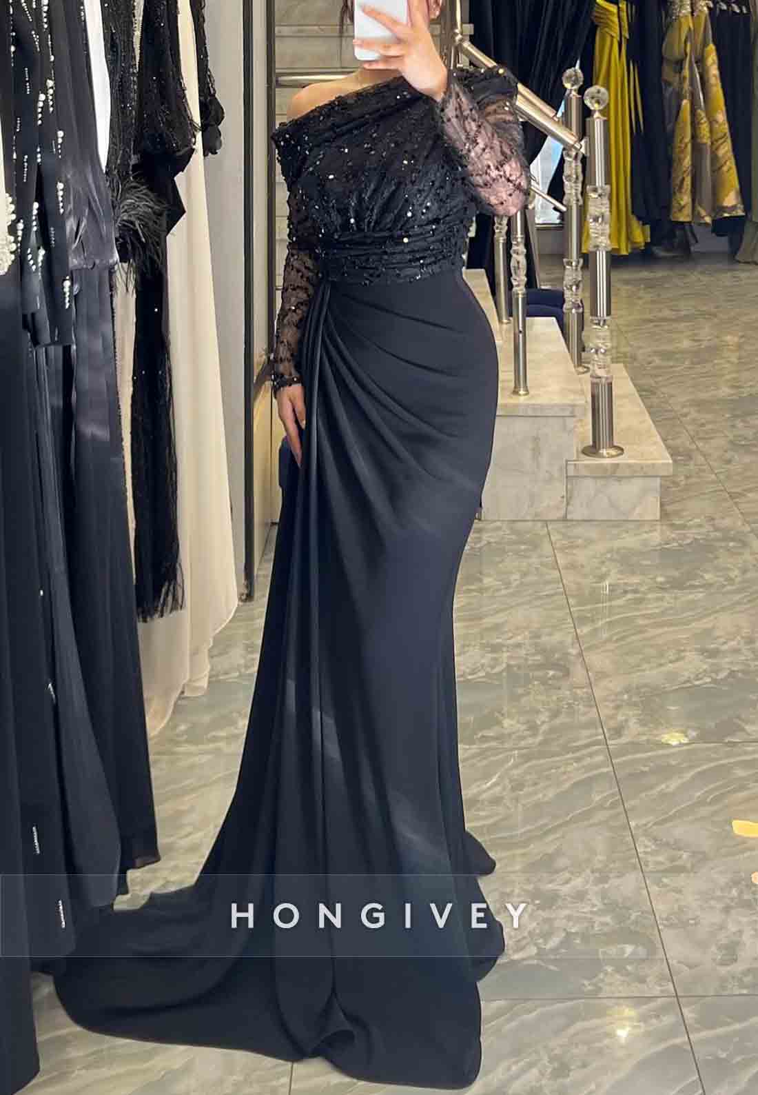 Black A-Line Floor-Length One Shoulder Long Sleeves Side Draping Evening Gowns