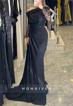 Black A-Line Floor-Length One Shoulder Long Sleeves Side Draping Evening Gowns