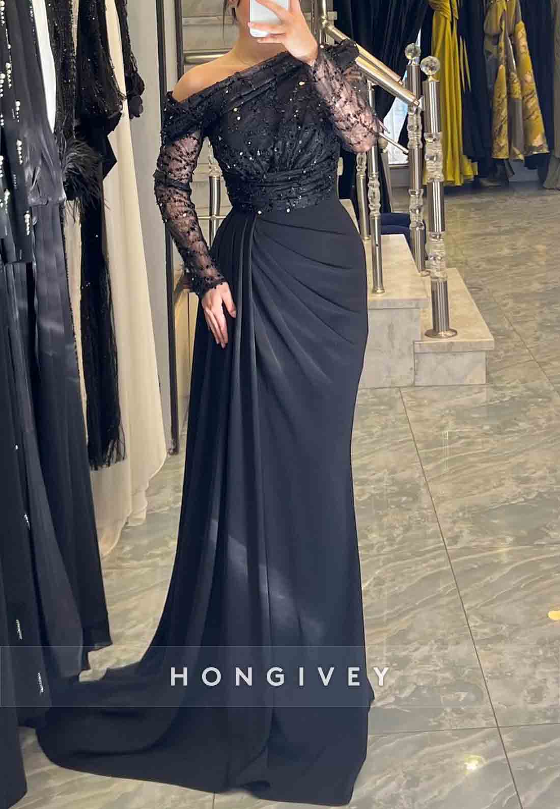 Black A-Line Floor-Length One Shoulder Long Sleeves Side Draping Evening Gowns