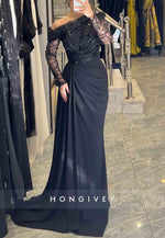 Black A-Line Floor-Length One Shoulder Long Sleeves Side Draping Evening Gowns