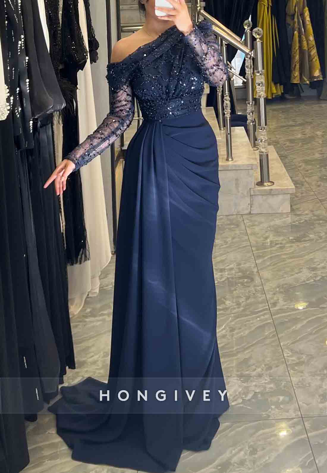 Black A-Line Floor-Length One Shoulder Long Sleeves Side Draping Evening Gowns