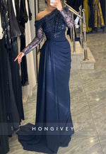 Black A-Line Floor-Length One Shoulder Long Sleeves Side Draping Evening Gowns