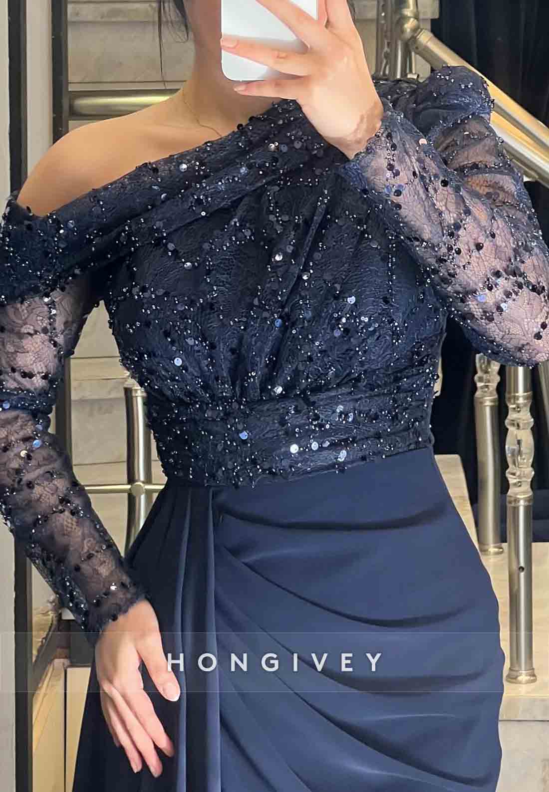 Black A-Line Floor-Length One Shoulder Long Sleeves Side Draping Evening Gowns