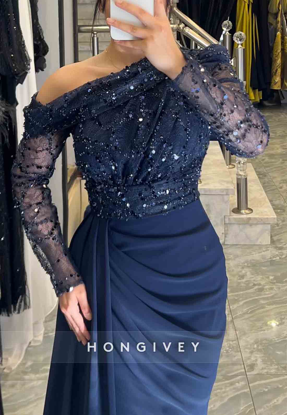 Black A-Line Floor-Length One Shoulder Long Sleeves Side Draping Evening Gowns