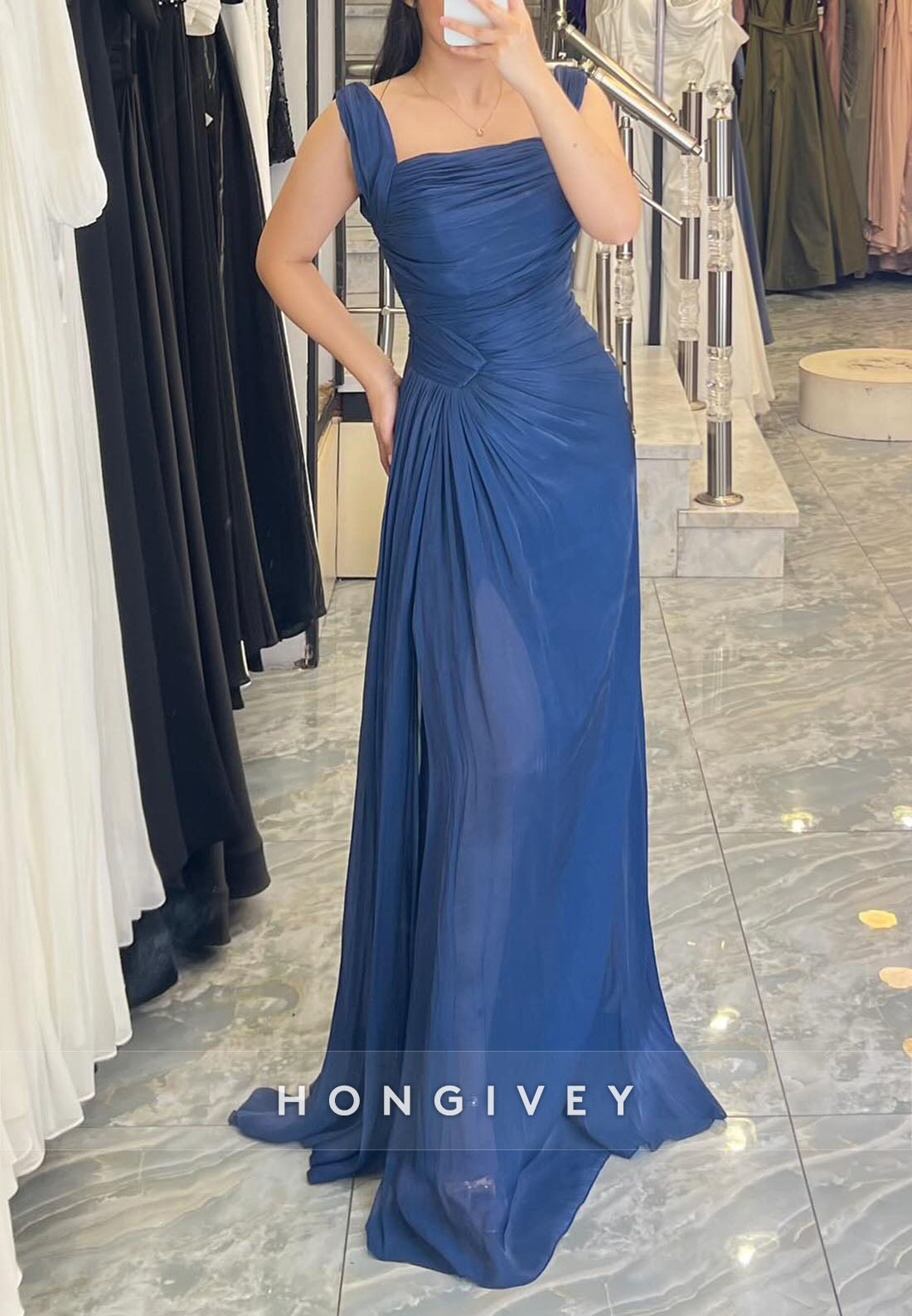 Square Neck A-Line Floor-Length Regular Straps Pleated Evening Gowns