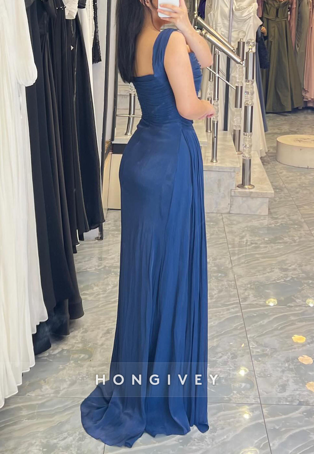 Square Neck A-Line Floor-Length Regular Straps Pleated Evening Gowns