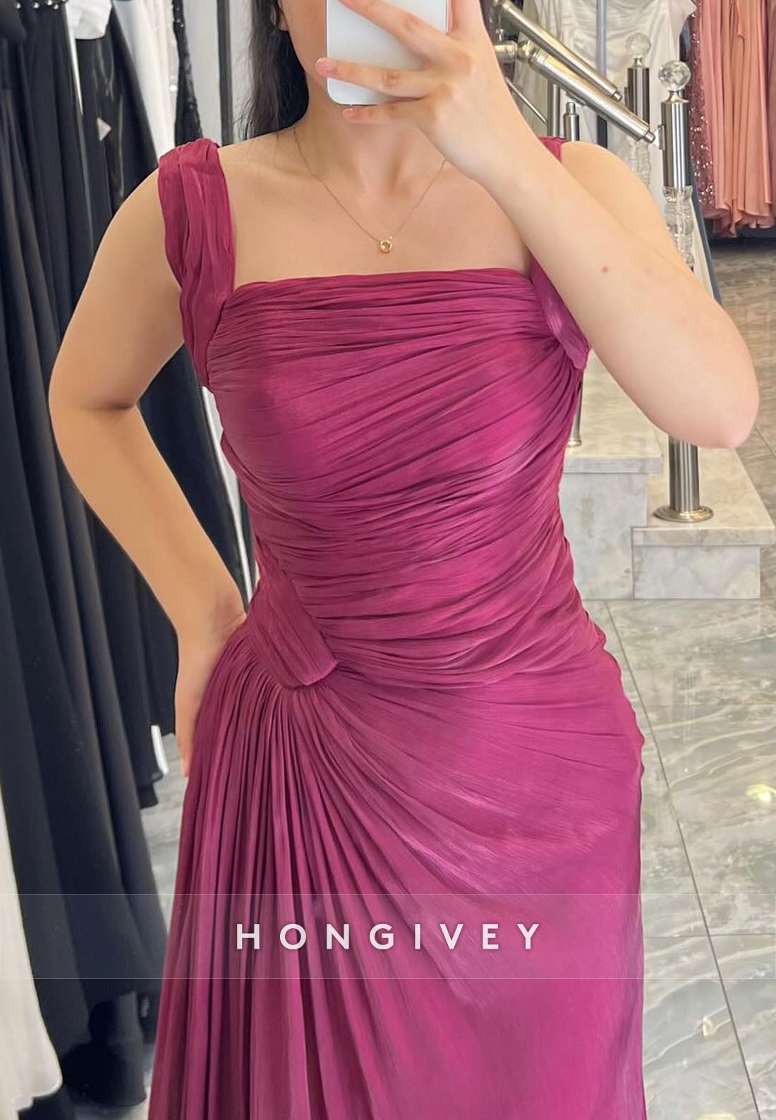 Square Neck A-Line Floor-Length Regular Straps Pleated Evening Gowns