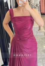 Square Neck A-Line Floor-Length Regular Straps Pleated Evening Gowns