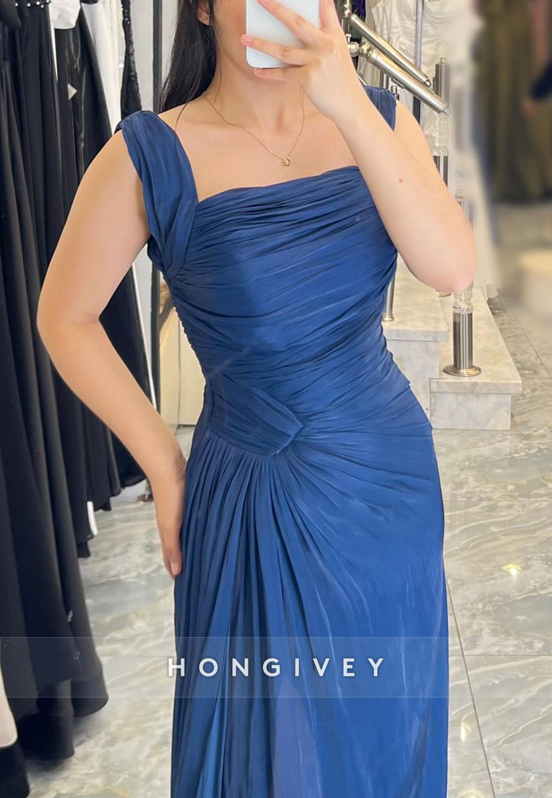 Square Neck A-Line Floor-Length Regular Straps Pleated Evening Gowns