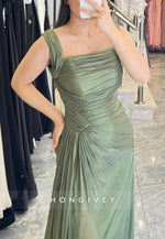 Square Neck A-Line Floor-Length Regular Straps Pleated Evening Gowns