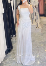 Square Neck A-Line Floor-Length Regular Straps Pleated Evening Gowns