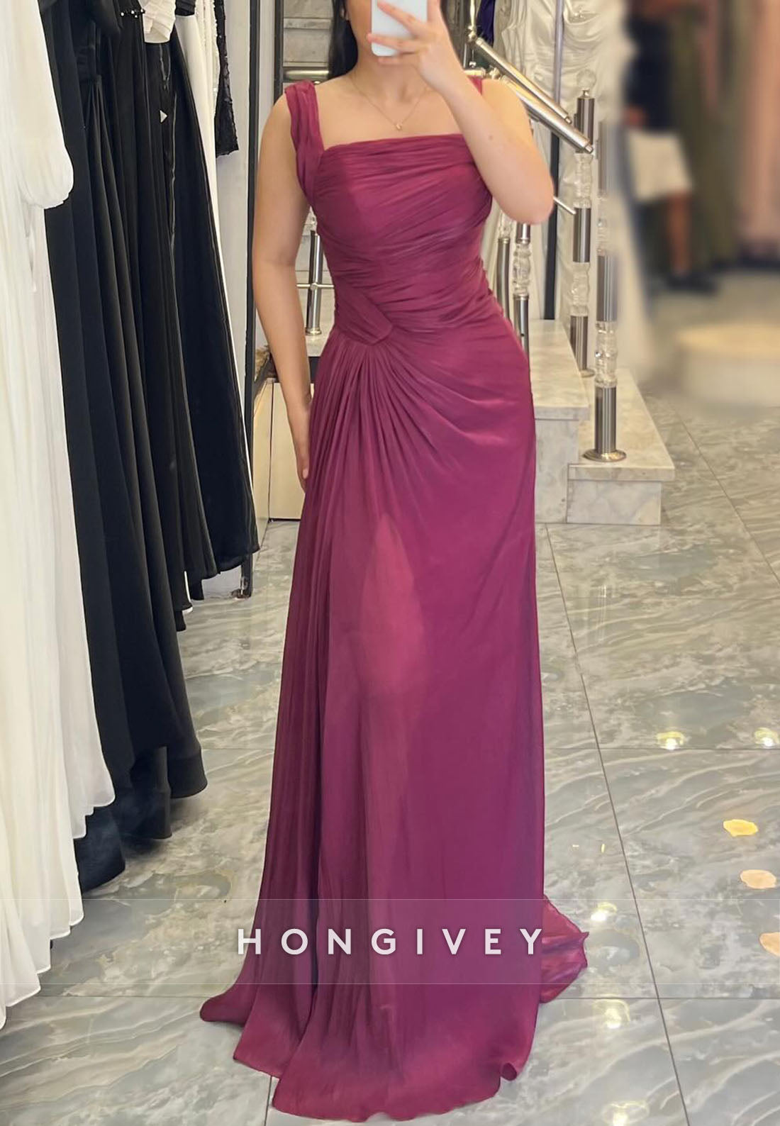 Square Neck A-Line Floor-Length Regular Straps Pleated Evening Gowns