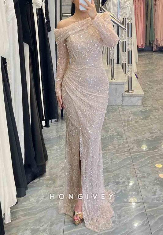 One Shoulder Mermaid Floor-Length Long Sleeves Glitter Evening Gowns with Side Slit