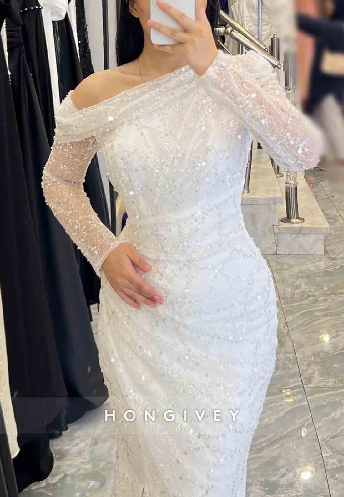 One Shoulder Mermaid Floor-Length Long Sleeves Glitter Evening Gowns with Side Slit